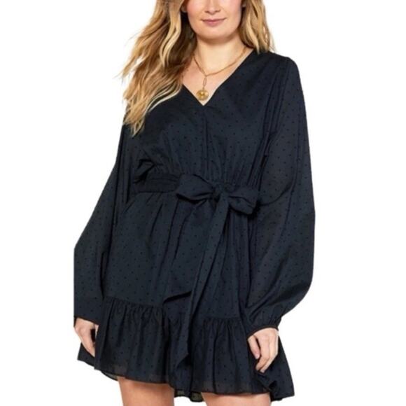 Outerknown Dresses & Skirts - Outerknown NWT Sz S Lulu Black Long Slv Organic Cotton Dress Tie Waist Swiss Dot